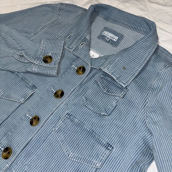 LOFT NWT Striped Denim Jean Jacket Medium Blue White Utility Button Front - Picture 14 of 14